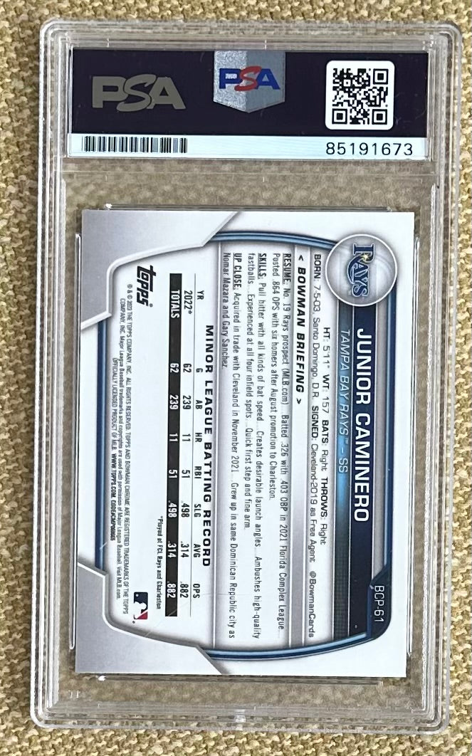 Junior Caminero Signed 2023 Bowman Chrome Prospects #BCP61 RC (PSA | Autograph Grade 10)