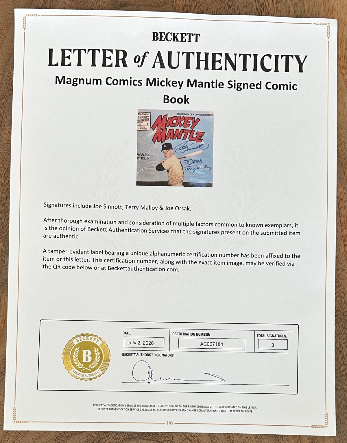 Joe Sinnot, Terry Malloy, & Joe Orsak Signed (Beckett) 1991 "Mickey Mantle" #1 Magnum Comic Book