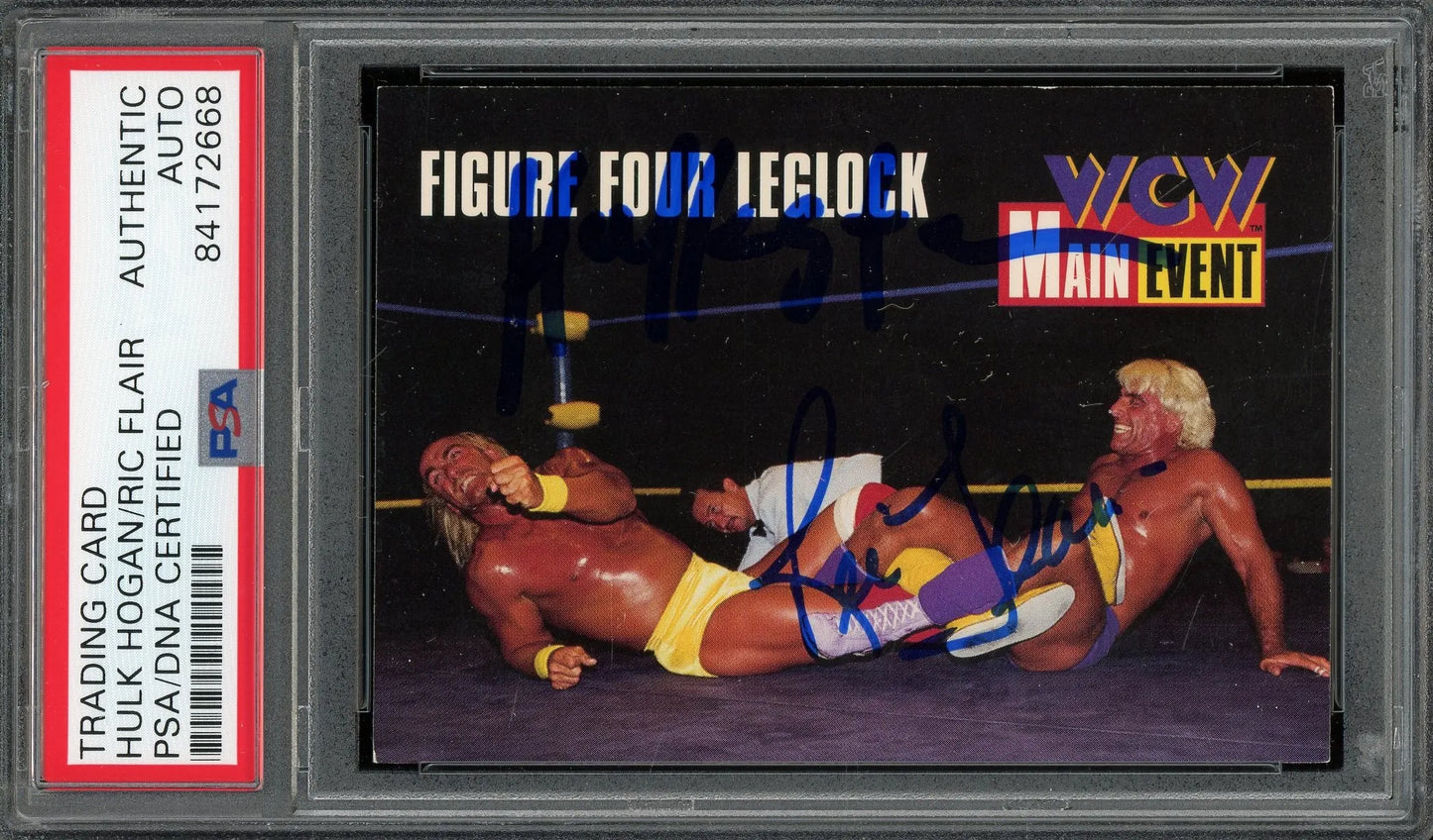 Hulk Hogan, Ric Flair Signed 1995 Cardz Figure Four Leglock Card #66 (PSA/DNA)