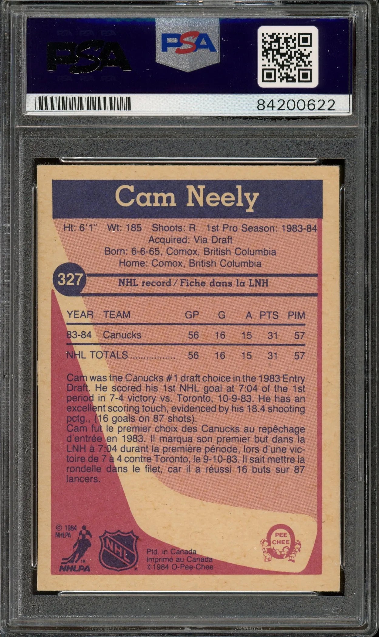 Cam Neely “HOF 05” Signed 1984 O-Pee-Chee Rookie Card #327- PSA/DNA