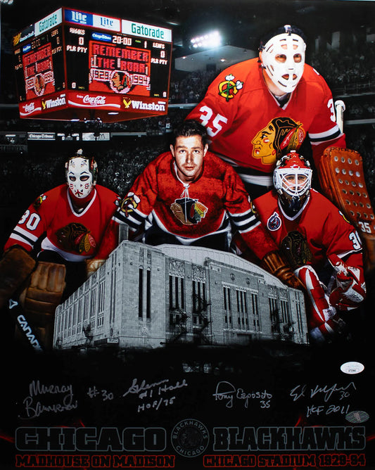 Tony Esposito, Murray Bannerman, Glenn Hall (JSA COA) “HOF 75” & Ed Belfour “HOF 2011” Signed Chicago Blackhawks 16×20 Photo