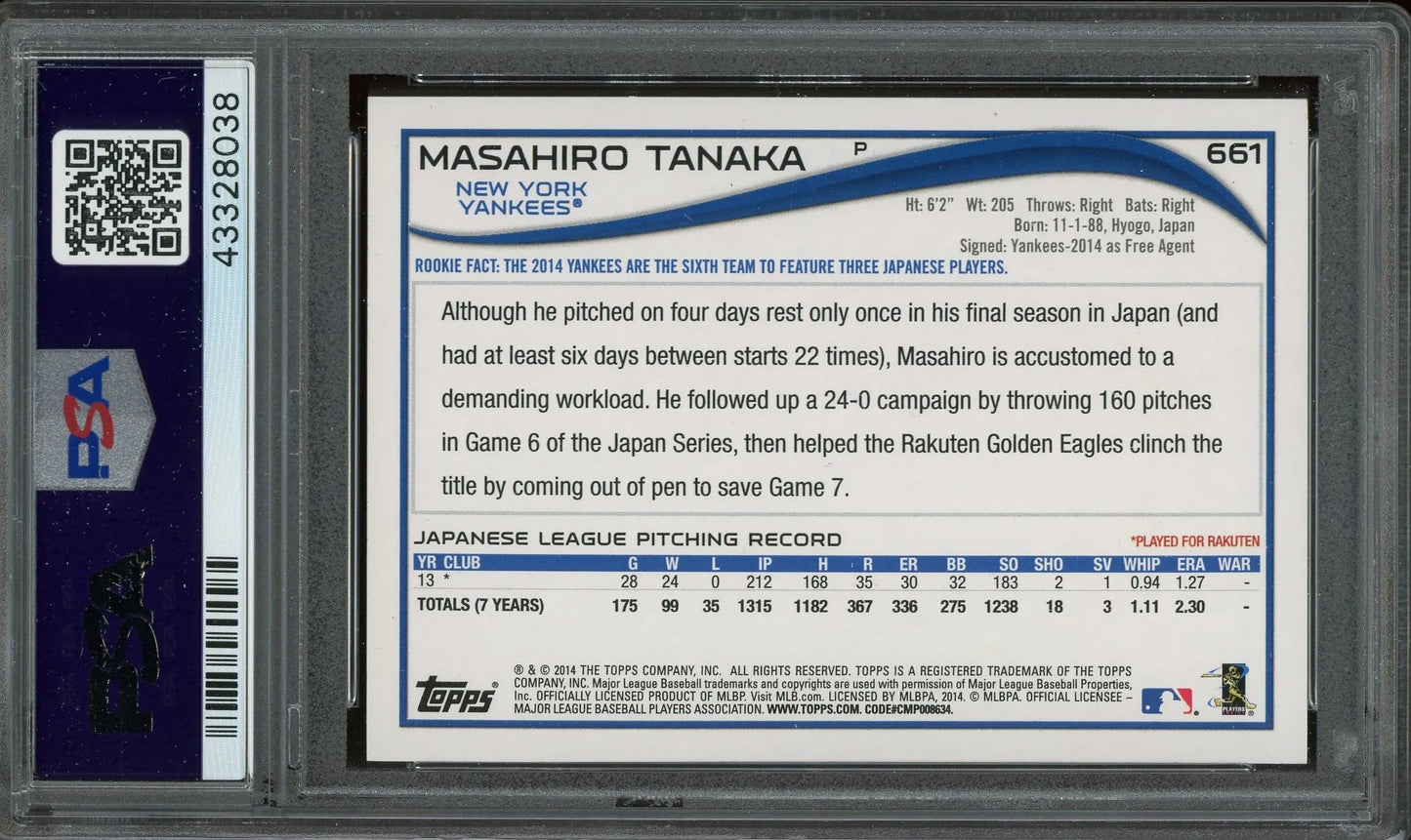 Masahiro Tanaka Signed 2014 Topps Rookie Card #661- PSA/DNA W/10 Auto - RC