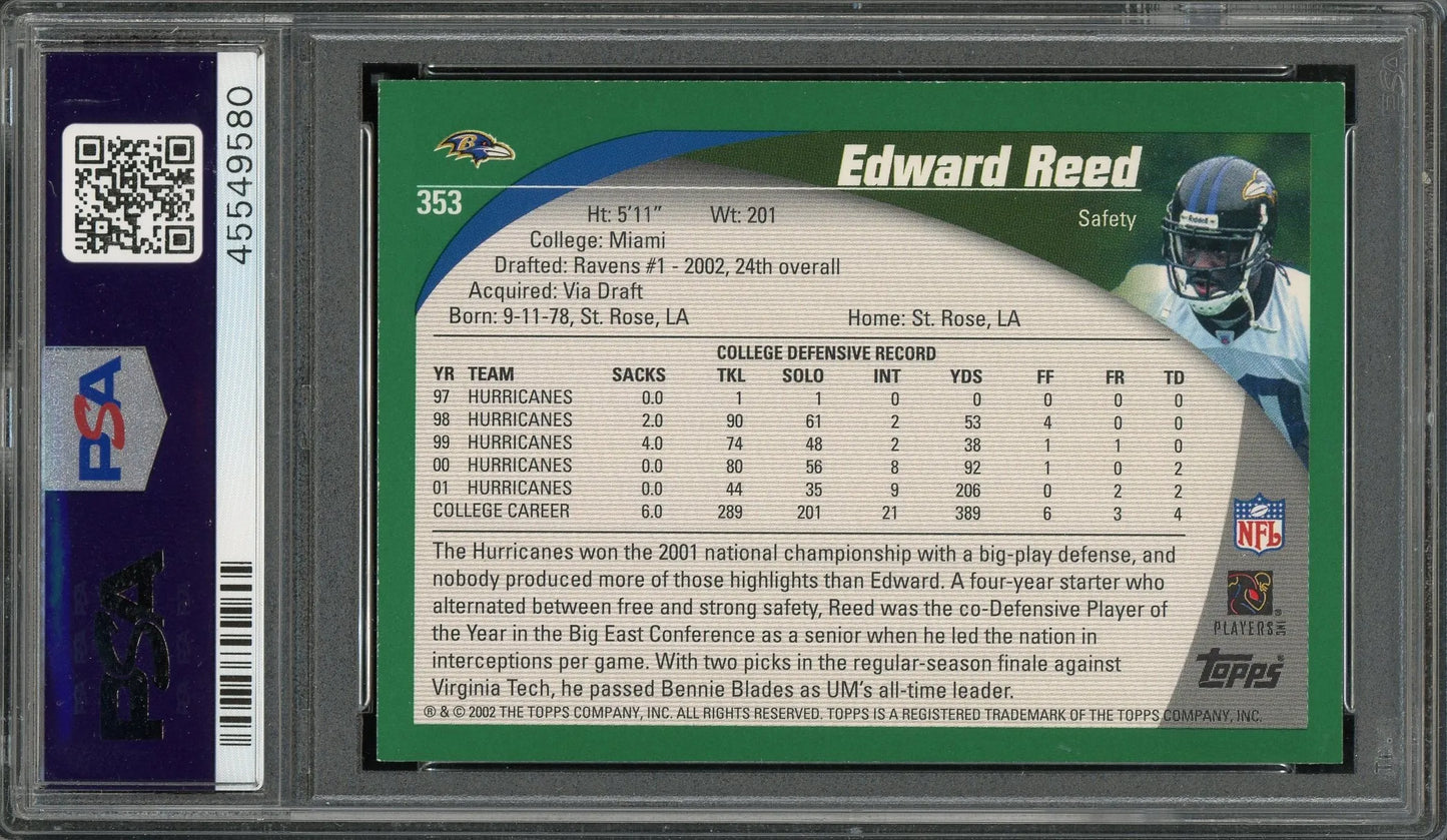 Ed Reed Signed 2002 Topps Rookie Card #353- PSA Authentic W/10 Auto - RC