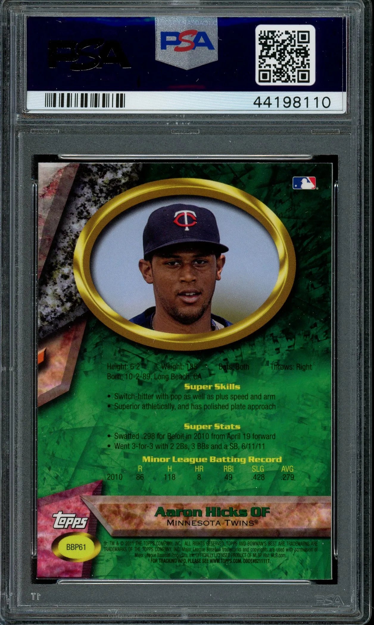 Aaron Hicks Signed 2011 Bowman’s Best Prospects Card RC- PSA Authentic card with Auto PSA 10 - Rookie Card