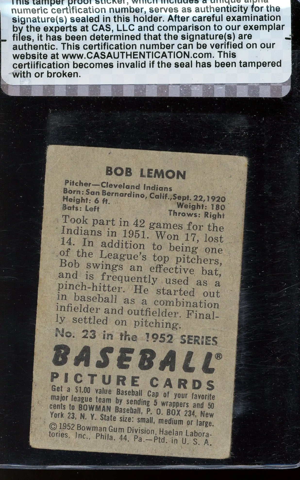 Bob Lemon Signed 1952 Bowman Card #23- CAS Authentic