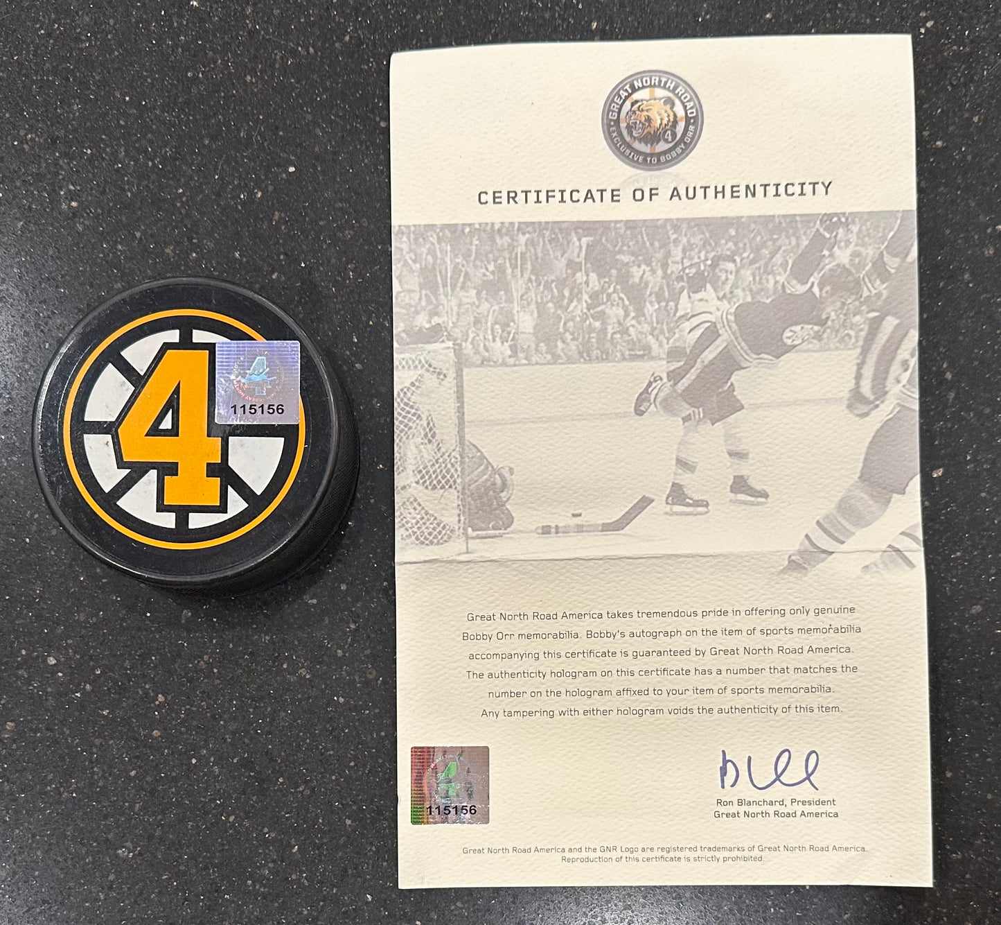 Bobby Orr Signed Bruins "The Flying Goal" Commemorative Puck (Orr) Official Bobby Orr Hologram & COA