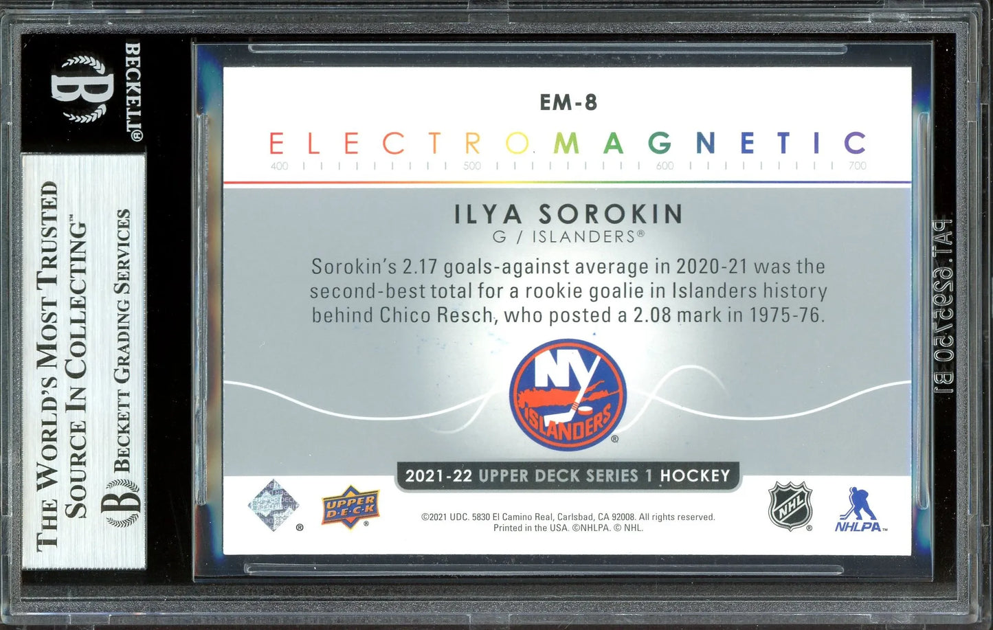 Ilya Sorokin Signed 2021 Upper Deck Electromagnetic Card #EM8 RC (BAS) - Rookie Card