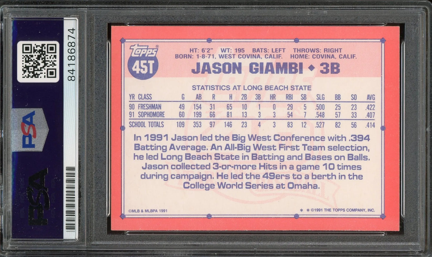 Jason Giambi “A.L. MVP 2000, 5X All-Star” Signed 1991 Topps Traded Rookie Card #45 - PSA/DNA ITP - RC