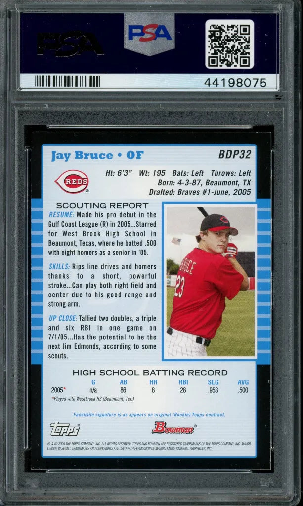 Jay Bruce Signed 2005 Bowman Draft Picks First Year Rookie Card #32- PSA/DNA w/10 Auto - RC