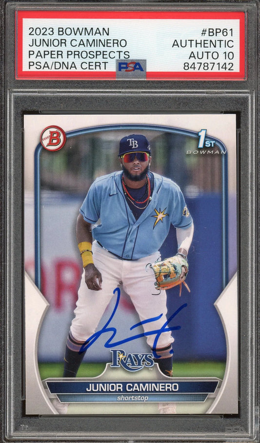 Junior Caminero Signed 2023 Bowman Prospects 1st Bowman Card #BP61 RC – PSA Authentic with Auto 10 (PSA/DNA) - Rookie Card