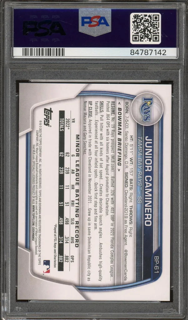 Junior Caminero Signed 2023 Bowman Prospects 1st Bowman Card #BP61 RC – PSA Authentic with Auto 10 (PSA/DNA) - Rookie Card