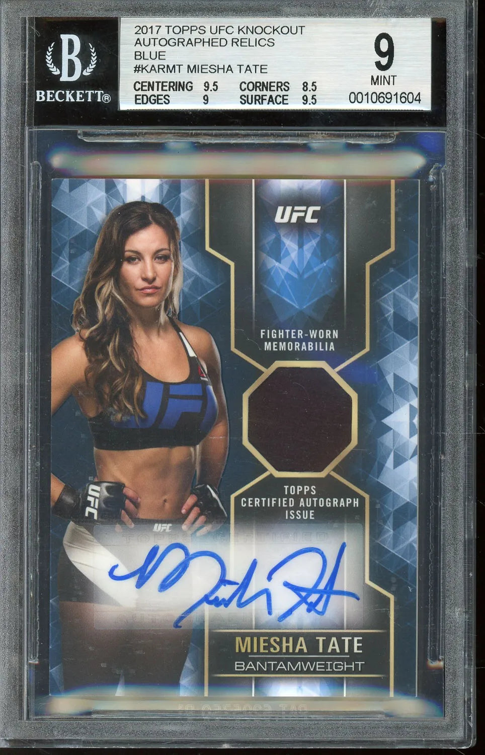 Meisha Tate 2017 Topps UFC Knockout Blue Autograph Relic Card – #11/25 – BGS 9 with 10 Autograph! Pop 1, None Higher!