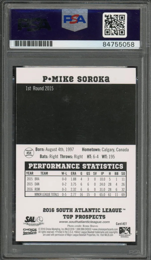 Mike Soroka Signed 2016 South Atlantic League Rookie Card - PSA/DNA