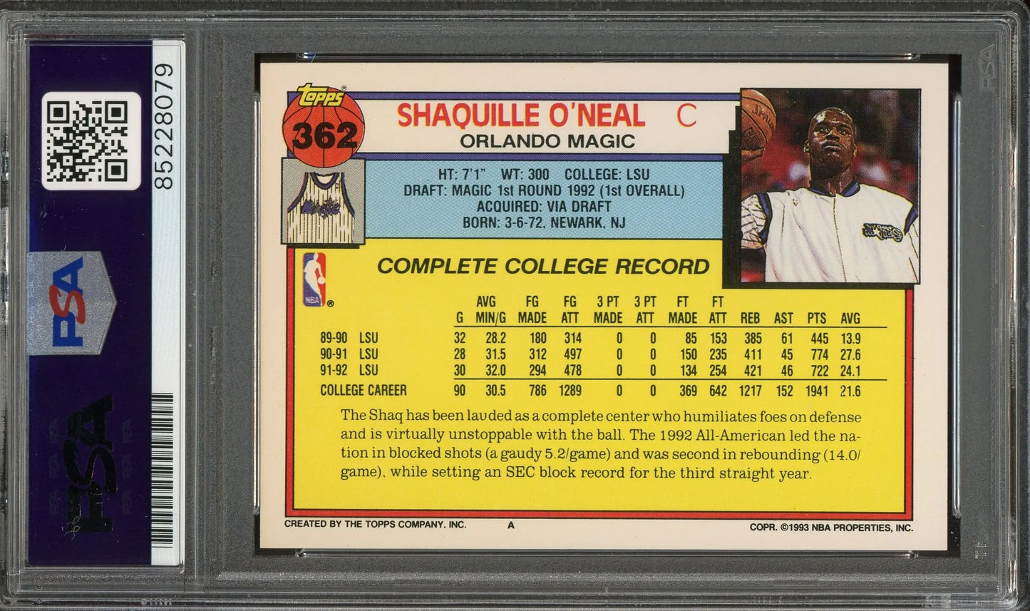 Shaquille O’Neal Signed 1992 Topps Rookie Card #362 – Auto 10 (PSA/DNA) - RC