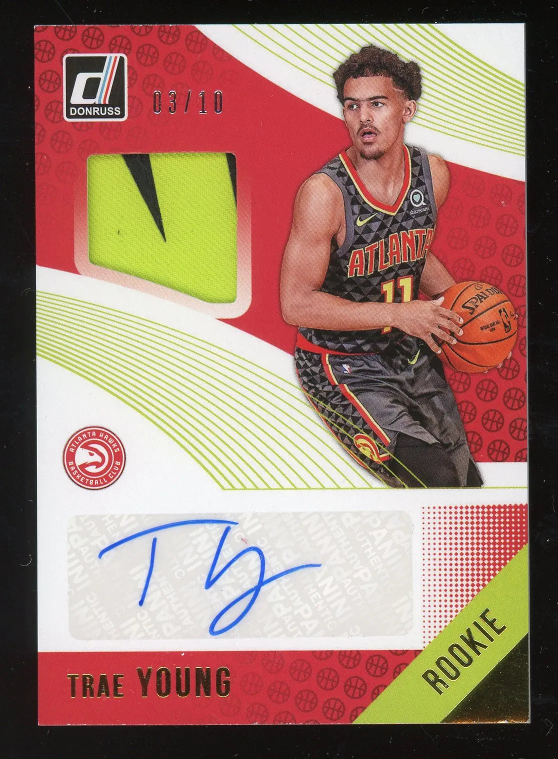 Trae Young 2018 Panini Donruss Gold RPA Rookie Patch Autograph Card – #3/10 - RC