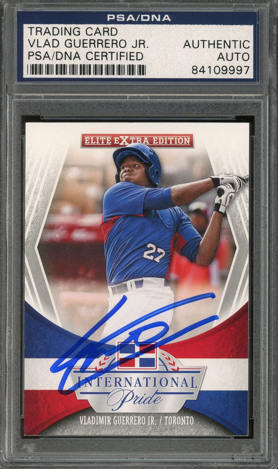 Vladimir Guerrero Jr. Signed 2015 Donruss Elite Extra Edition International Pride #20 RC - PSA/DNA - Rookie Card