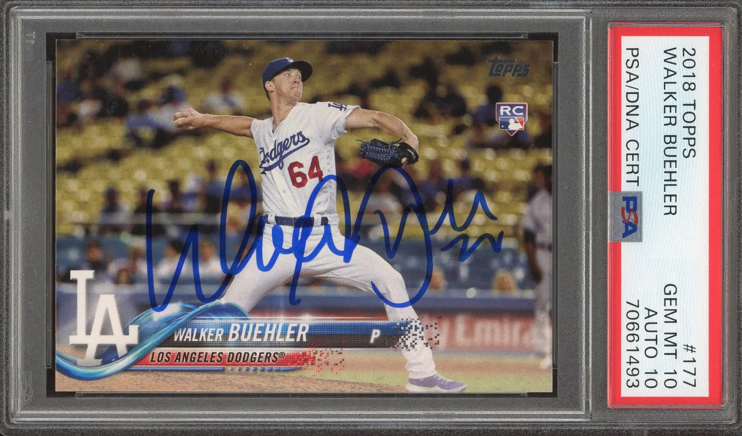 Walker Buehler Signed 2018 Topps Rookie Card #177 – PSA 10 Gem Mint with 10 Auto – Pop 2