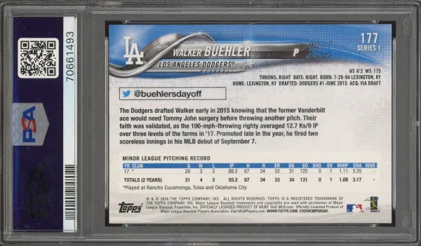 Walker Buehler Signed 2018 Topps Rookie Card #177 – PSA 10 Gem Mint with 10 Auto – Pop 2