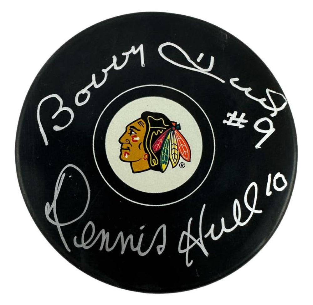 Bobby Hull & Dennis Hull Signed (Beckett) Blackhawks Logo Hockey Puck