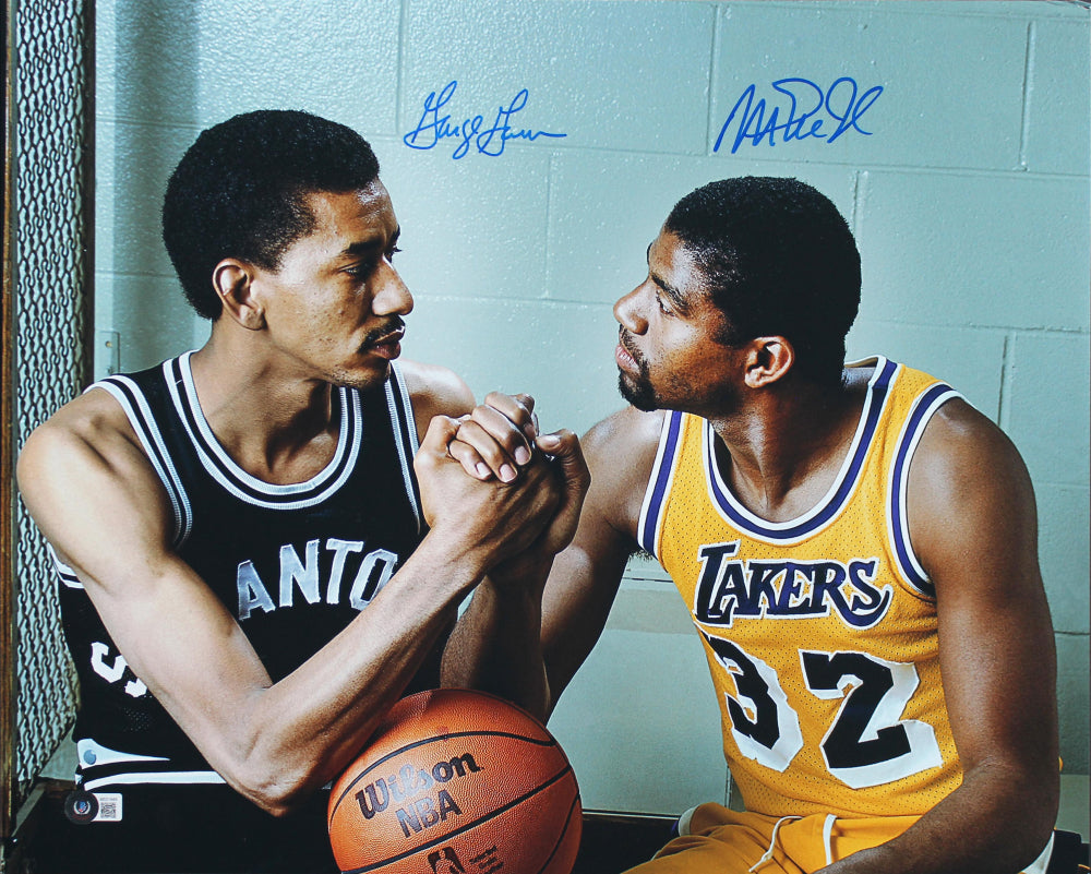 Magic Johnson & George Gervin Signed (Beckett) 16x20 Photo - Beckett Witnessed