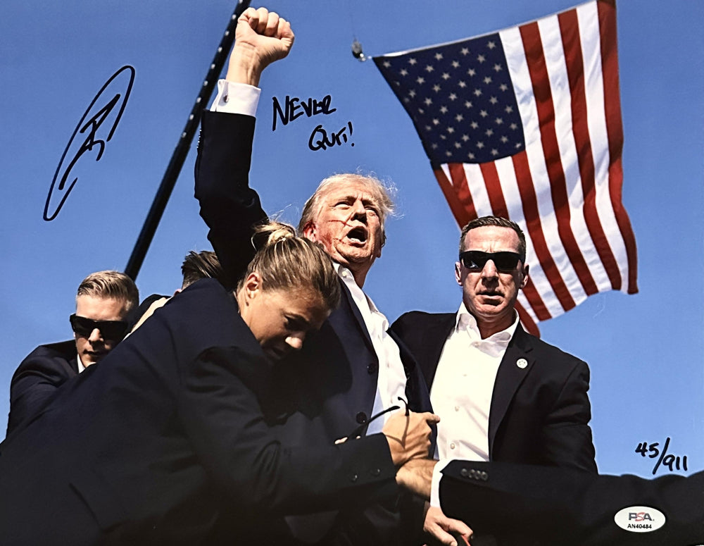 Robert O'Neill Signed (PSA) Donald Trump "Assassination Attempt" 11x14 Photo Inscribed "Never Quit!" - Limited Edition # / 911