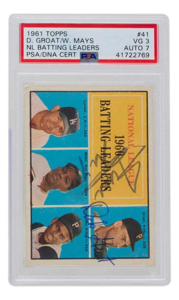 Willie Mays & Dick Groat Signed Dick Groat / Norm Larker / Willie Mays / Roberto Clemente 1961 Topps NL Batting Leaders #41 (PSA 3 | Autograph Graded 7)  -Autograph Graded 7