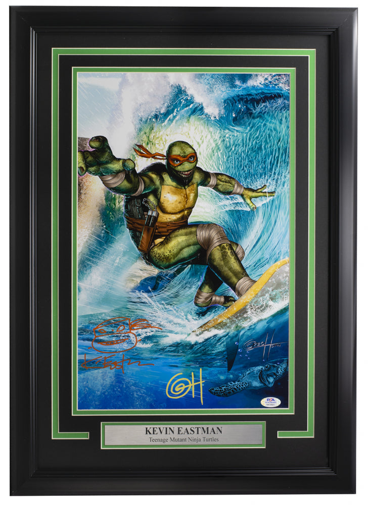 Greg Horn & Kevin Eastman Signed (PSA) "Teenage Mutant Ninja Turtles" Custom Framed Photo With Hand-Drawn Sketch - PSA In-the-Presence