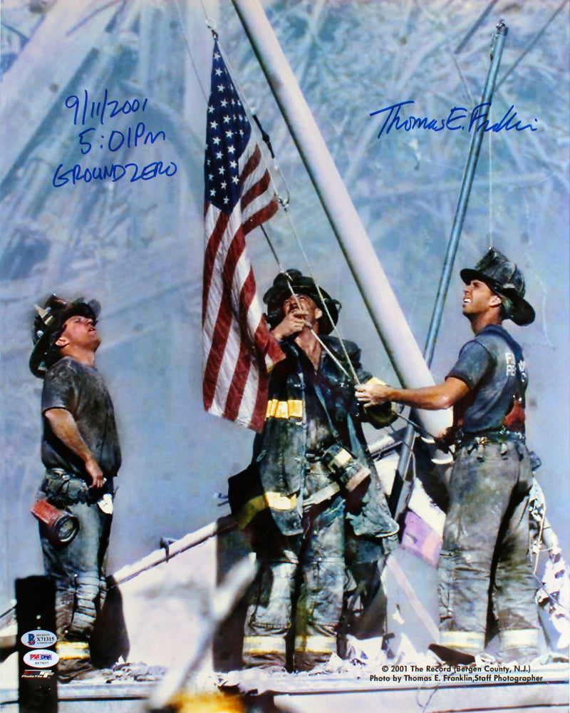 Thomas E. Franklin Signed 16 x 20 (JSA & Beckett) "Raising the Flag at Ground Zero" Photo Inscribed "9/11/2001 5:01PM Ground Zero"