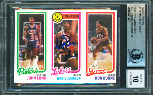 Magic Johnson Signed 1980-81 Topps RC #111 88 John Long/18 Magic Johnson AS/237 Ron Boone - Auto Graded (BGS) 10 - Rookie Card