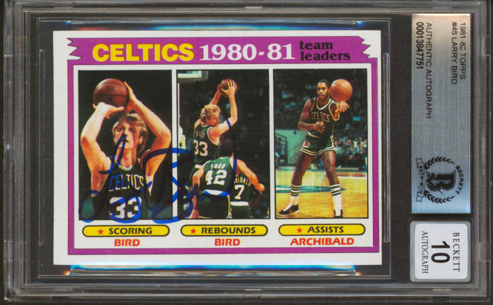 Larry Bird Signed 1981-82 Topps #45 Larry Bird/Larry Bird/Nate Archibald TL - Autograph Graded Beckett (BGS) 10