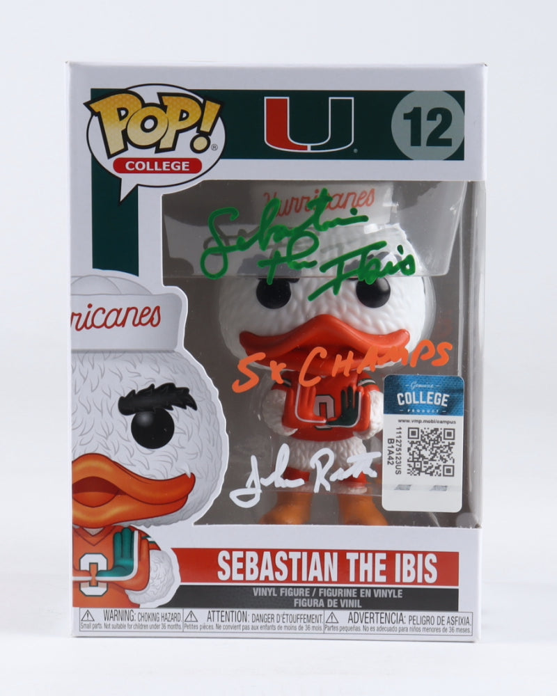 John Routh Signed Miami Hurricanes #12 Sebastian The Ibis Funko Pop! Vinyl Figure Inscribed "Sebastian The Ibis" & "5X Champs" (JSA) Performer