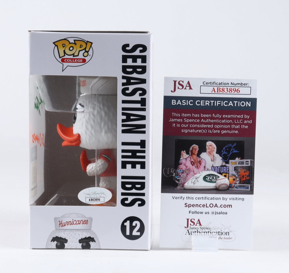 John Routh Signed Miami Hurricanes #12 Sebastian The Ibis Funko Pop! Vinyl Figure Inscribed "Sebastian The Ibis" & "5X Champs" (JSA) Performer