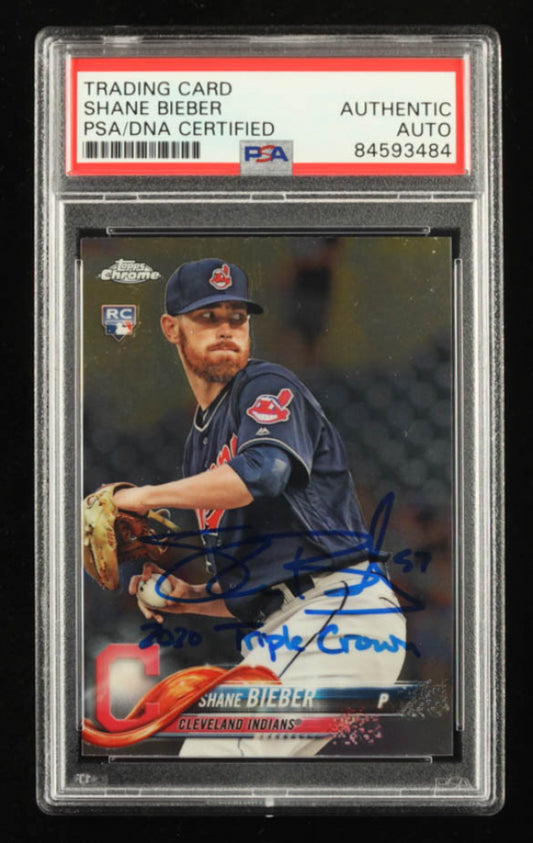 Shane Bieber Signed 2018 Topps Chrome Update #HMT59 RC Inscribed "2020 Triple Crown" (PSA) - Rookie Card