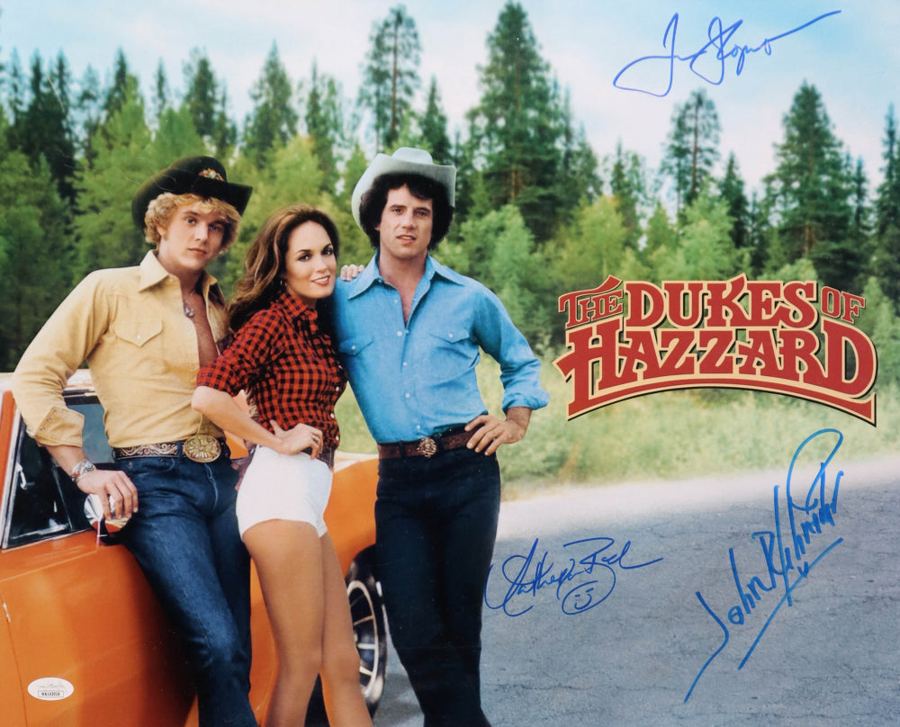 Catherine Bach, John Schneider & Tom Wopat Signed "Dukes Of Hazard" 16x20 Photo (JSA) JSA Witnessed