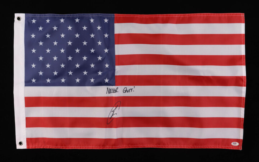 Robert O'Neill Signed (PSA) 18x30 American Flag Inscribed "Never Quit!" -  U.S. Navy SEAL Who Killed Osama Bin Laden