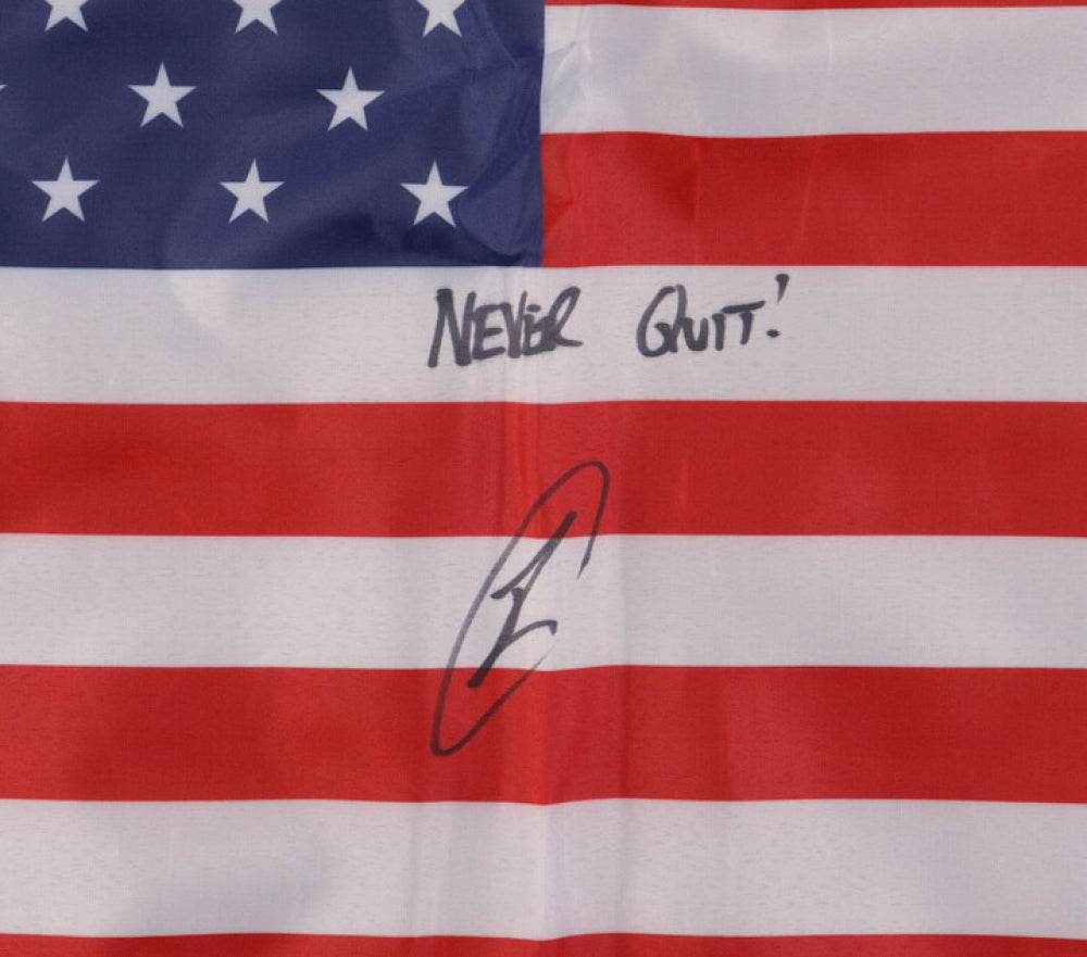 Robert O'Neill Signed (PSA) 18x30 American Flag Inscribed "Never Quit!" -  U.S. Navy SEAL Who Killed Osama Bin Laden