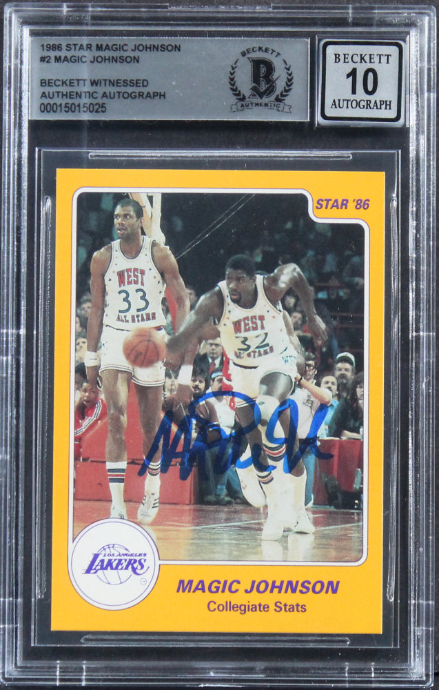 Magic Johnson Signed 1986 Star Magic Johnson #2 / Collegiate Stats (BGS | Autograph Graded 10)