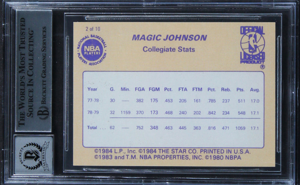 Magic Johnson Signed 1986 Star Magic Johnson #2 / Collegiate Stats (BGS | Autograph Graded 10)