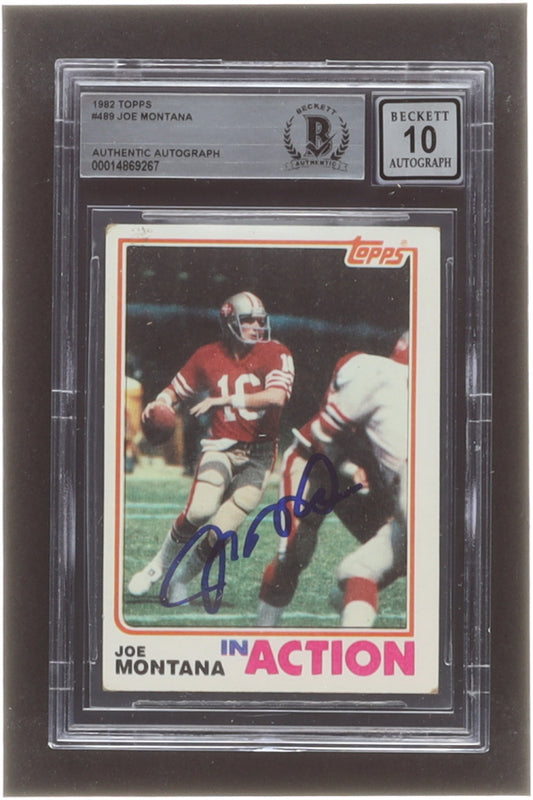 Joe Montana Signed 1982 Topps #489 In Action - Auto graded (BGS)10