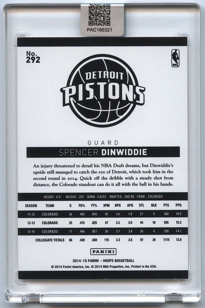 Spencer Dinwiddie Signed 2014-15 Hoops #292 RC (PA Encapsulated) - Rookie Card