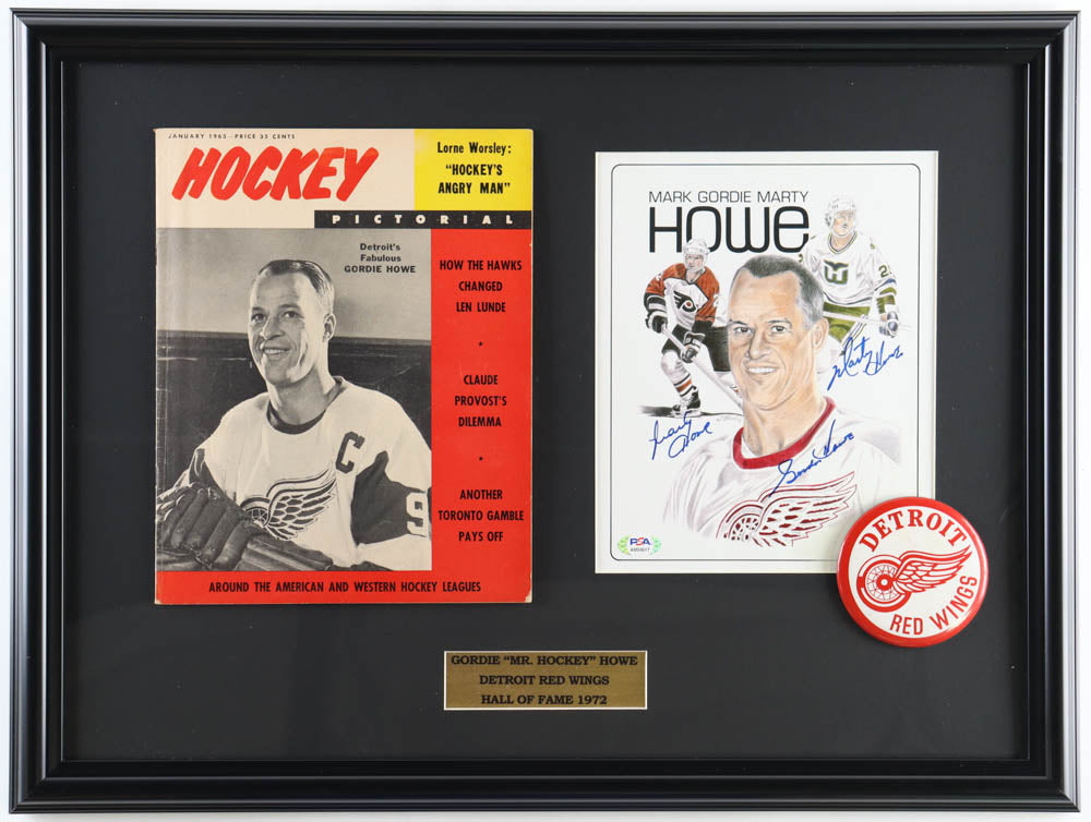 Gordie Howe, Mark Howe & Marty Howe Signed (PSA) Red Wings Custom Framed Photo Display with a 1963 "Hockey" Magazine & Pin