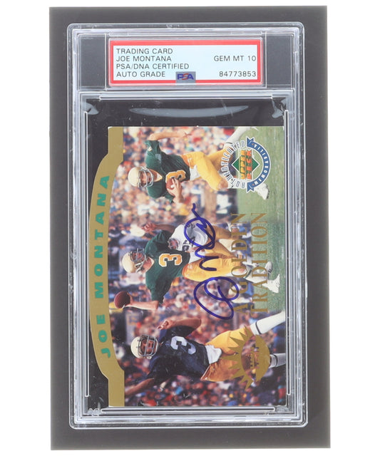 Joe Montana Signed 1993-97 Upper Deck Authenticated Commemorative Cards #4 1995 / Notre Dame Tradition #/10,000 -  Autograph Graded (PSA) 10