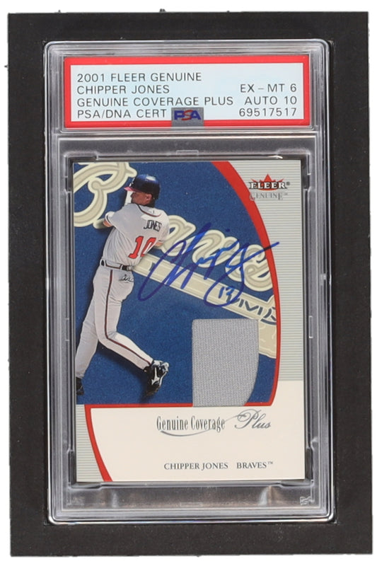 Chipper Jones Signed 2001 Fleer Genuine Coverage Plus #8 - #128/150 (PSA 6) - Autograph Graded (PSA) 10