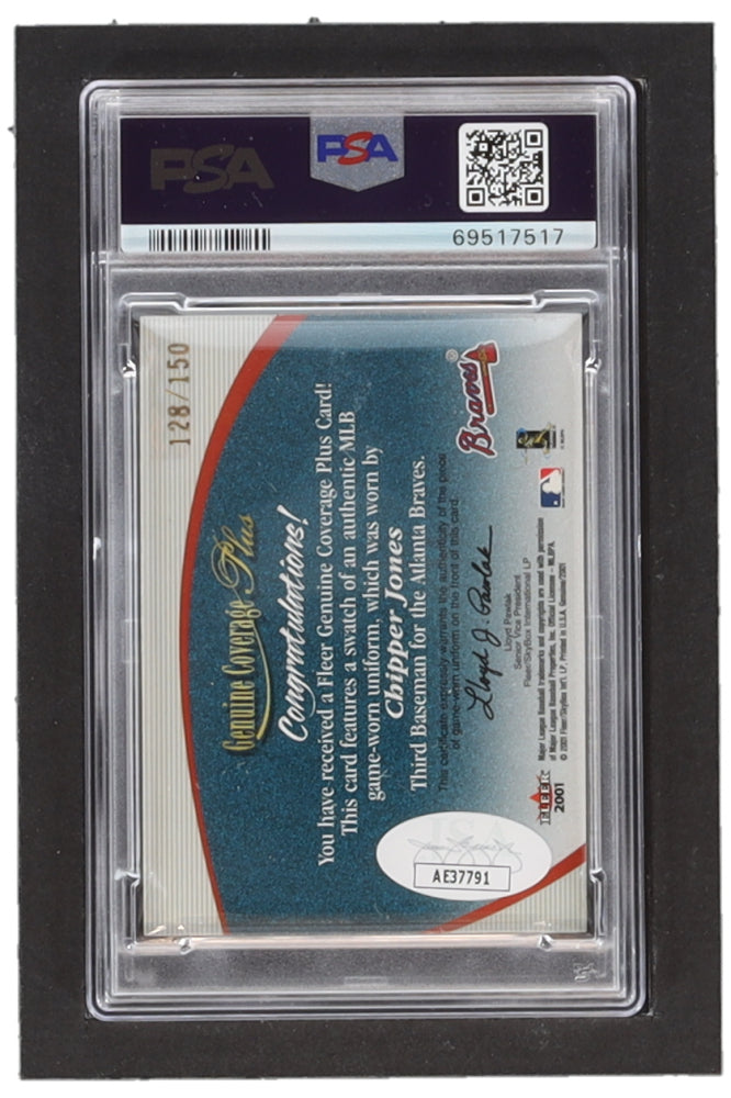 Chipper Jones Signed 2001 Fleer Genuine Coverage Plus #8 - #128/150 (PSA 6) - Autograph Graded (PSA) 10