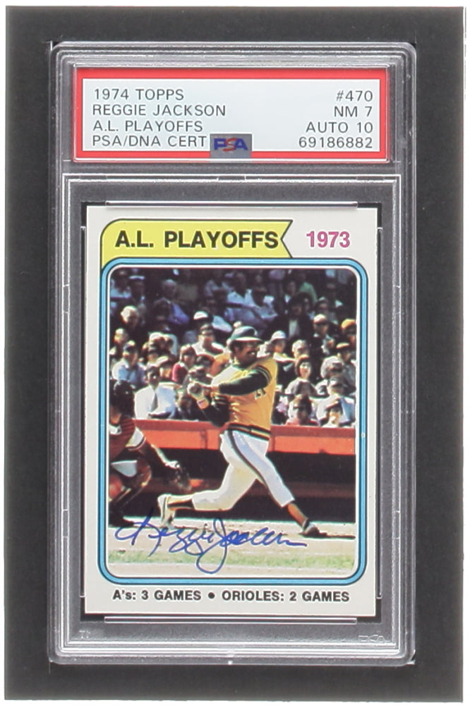 Reggie Jackson Signed 1974 Topps #470 AL Playoffs (PSA) 7 - Autograph Graded (PSA) 10