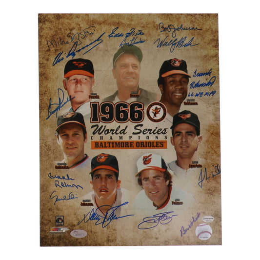 Orioles 1966 World Series Champions 11x14 Photo Signed (JSA) by (14) with Frank Robinson, Brooks Robinson, Jim Palmer, Boog Powell Inscribed "66 WS MVP" (JSA & Schulte)