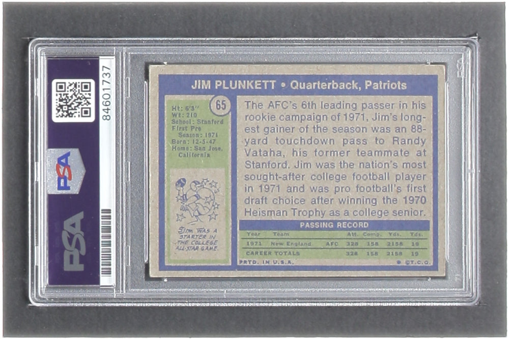 Jim Plunkett Signed 1972 Topps #65 RC - Auto Graded PSA 10 - Rookie Card