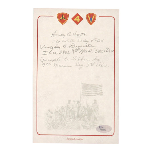 Vaughn Russell, Harvey Hunt Jr. & Joseph Teddar Signed 6x9 Stationary with (3) Service Record Inscriptions (JSA) Limited Edition