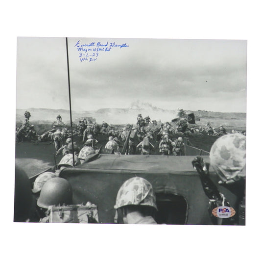 Everett "Bud" Hampton Signed (PSA) 8x10 Photo Inscribed "Major USMC Ret 3-L-23 4th Div"