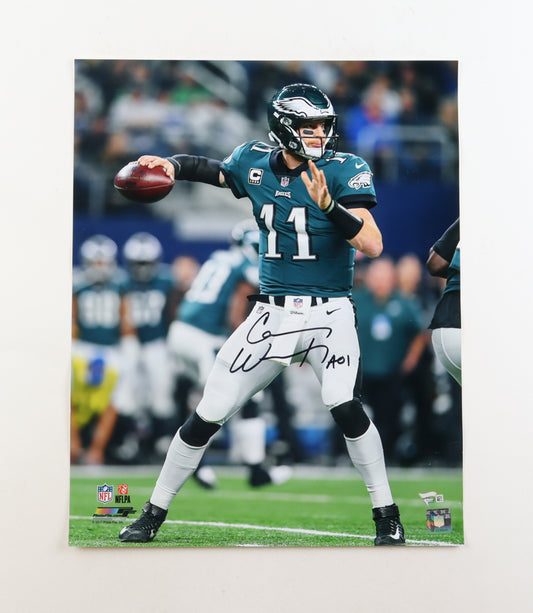 Carson Wentz Signed (Fanatics) Eagles 16x20 Photo Inscribed "AO1"